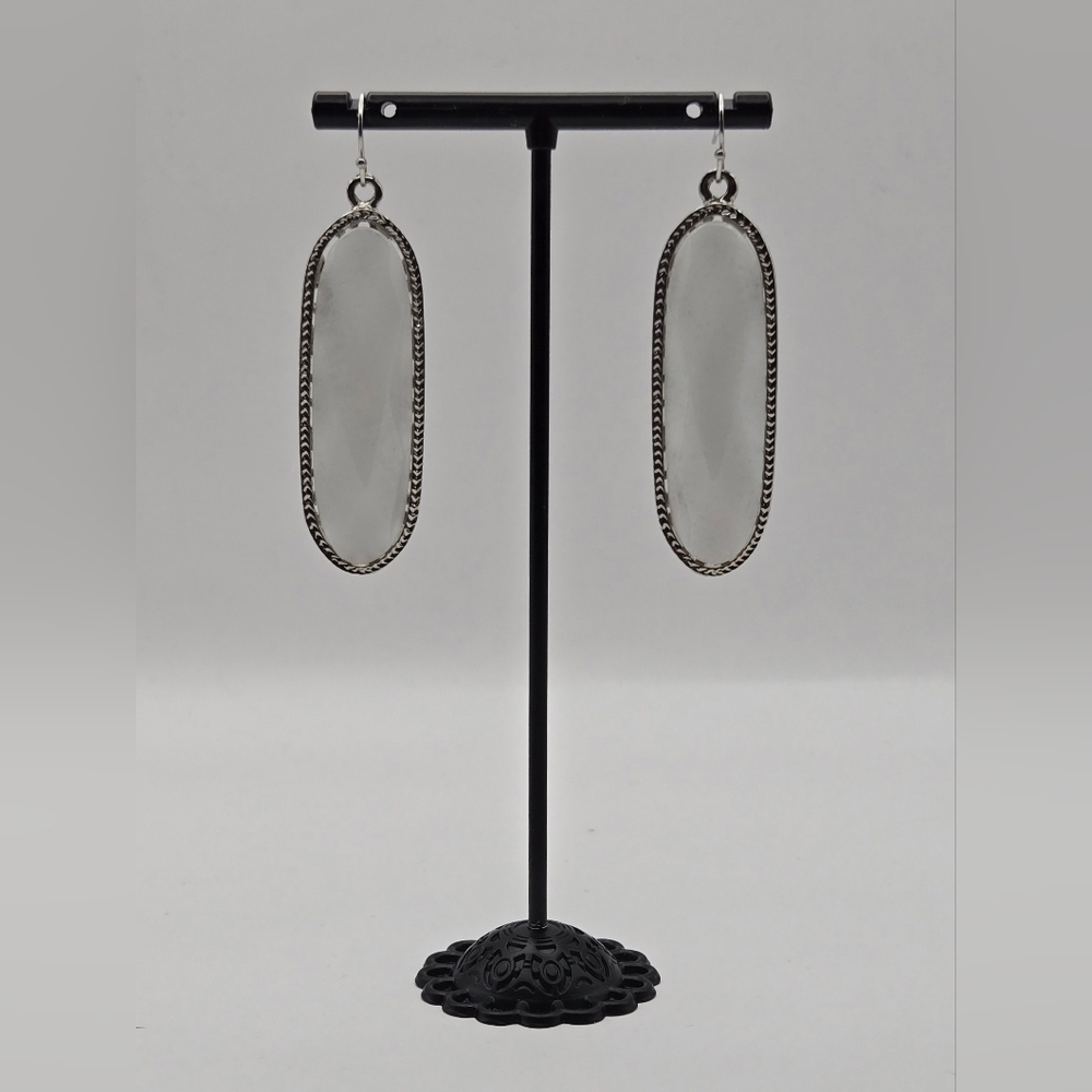 Silver White Stone Dangle Earrings | Long Oval Drop Earrings | Boho Chic Minimal